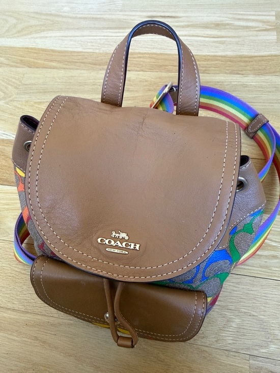 Coach Rainbow Signature Pennie Mini Backpack with Brown Leather Trim - Picture 3 of 5